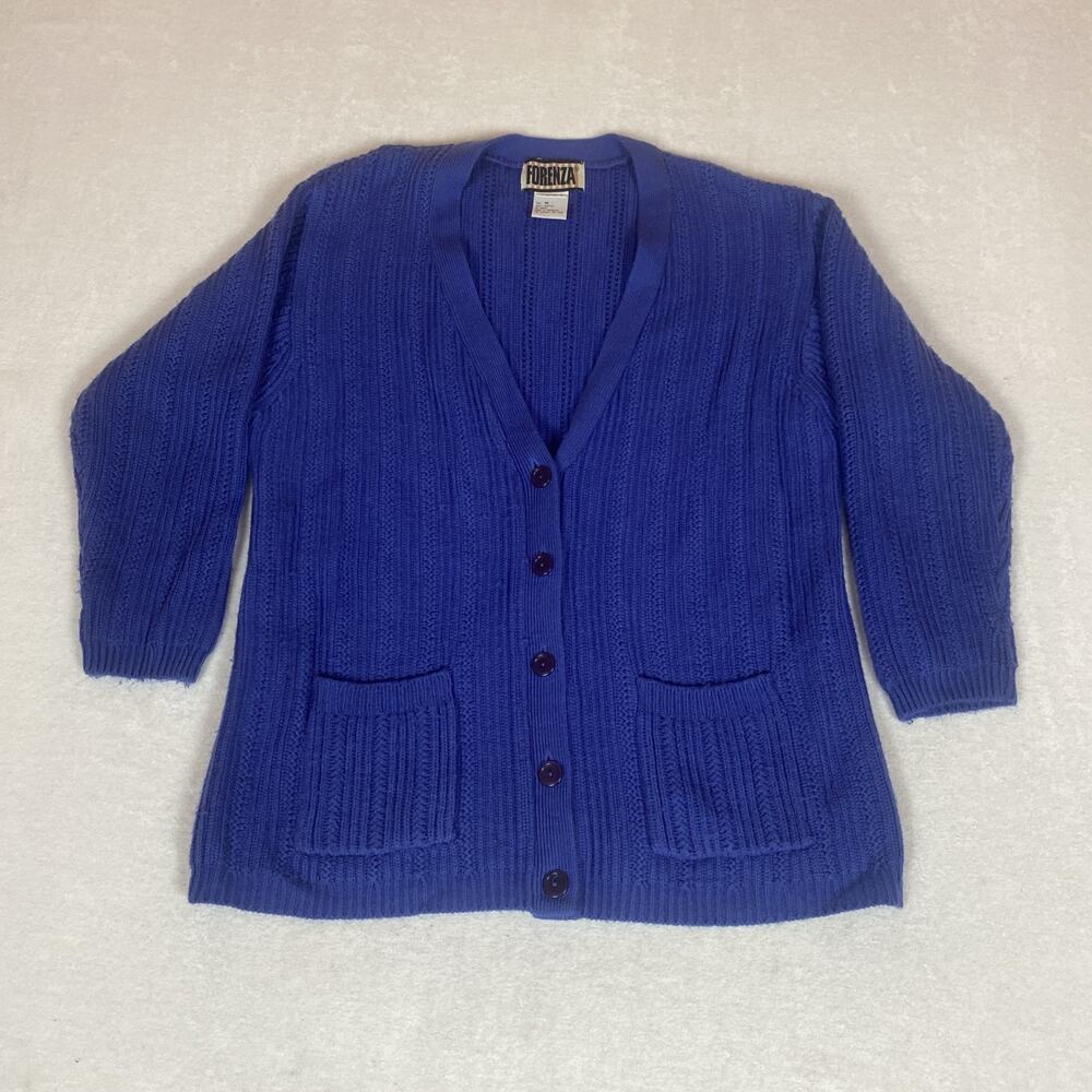 Vintage Forenza Cobalt Blue Cardigan Sweater Chunky Knit Button Front 90s Medium